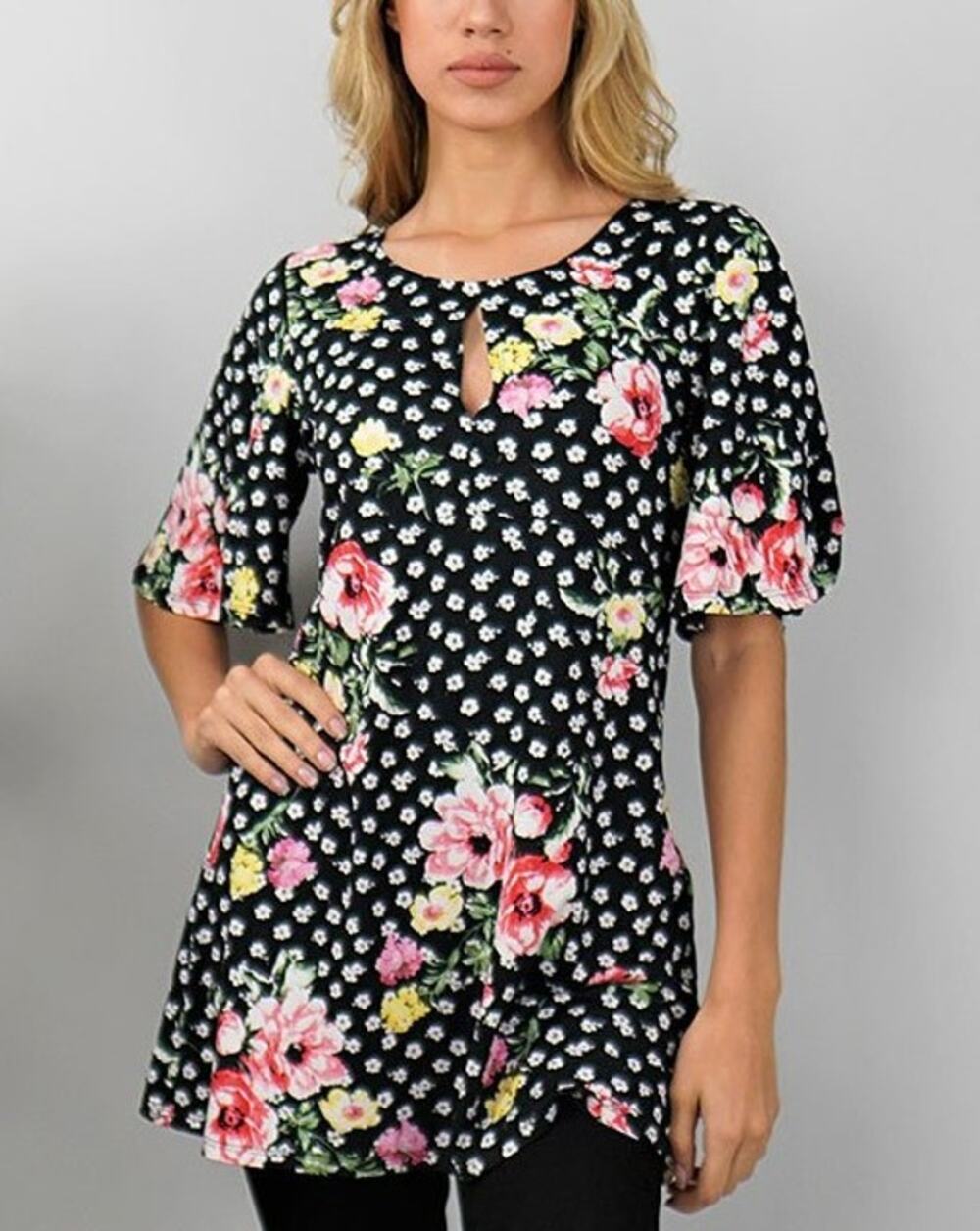 Blue & Orange Floral Keyhole Accent Boatneck Tunic